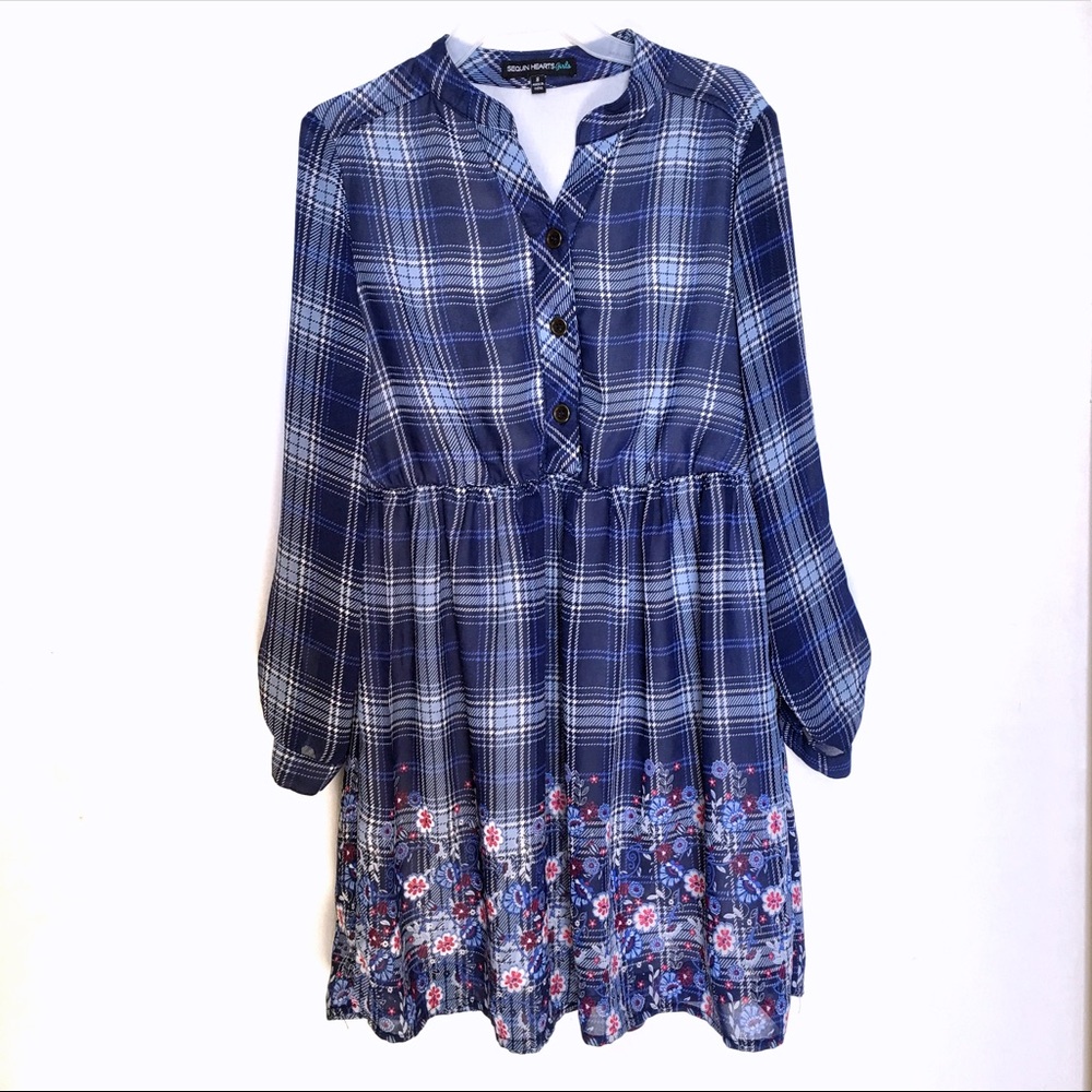Sequin Hearts Girls blue plaid floral dress